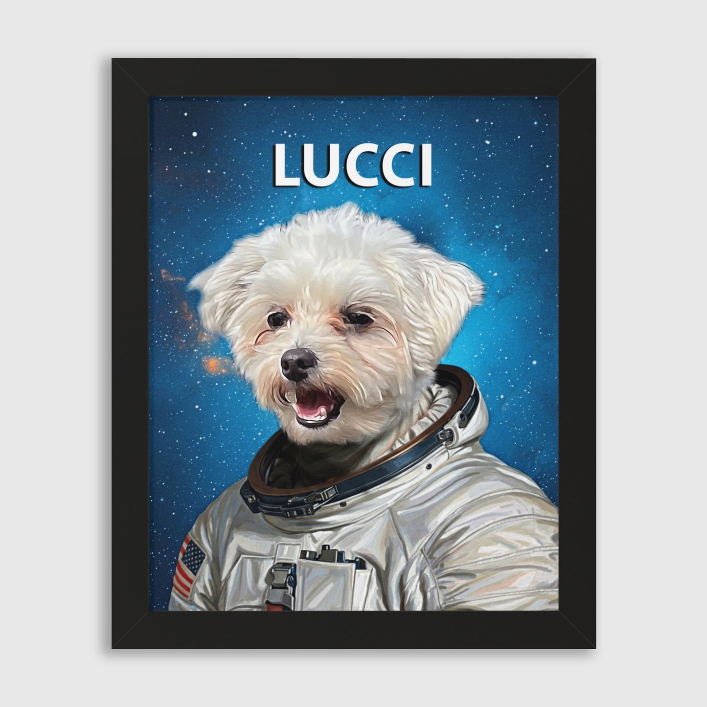 Astronaut Dog Framed Vertical Pet Portrait